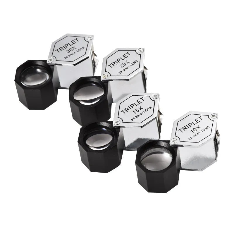 Handheld metal magnifying glass with optical glass for jewellery and coin identification at 10x to 30x magnification