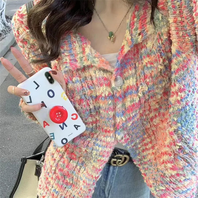 Retro rainbow pattern knitted cardigan in pink or green ice cream colours with toothbrush hair fabric