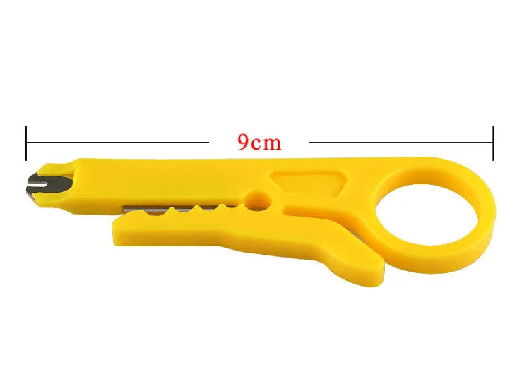 Yellow mini portable wire stripper tool with a metal blade for 0.6 mm cables.