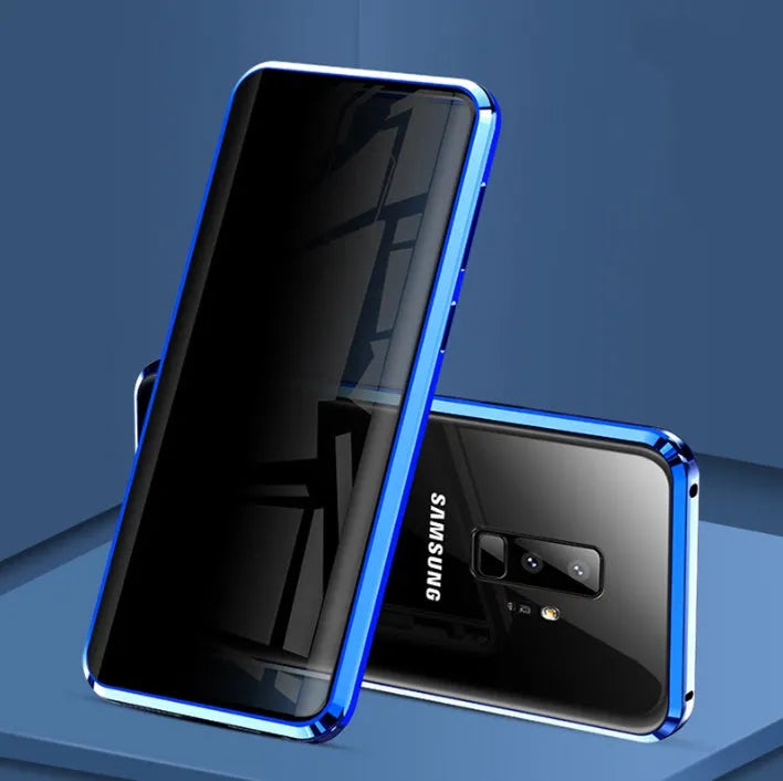 Black anti-peeping magnetic clamshell phone case for Samsung Galaxy phone, showing closed design.