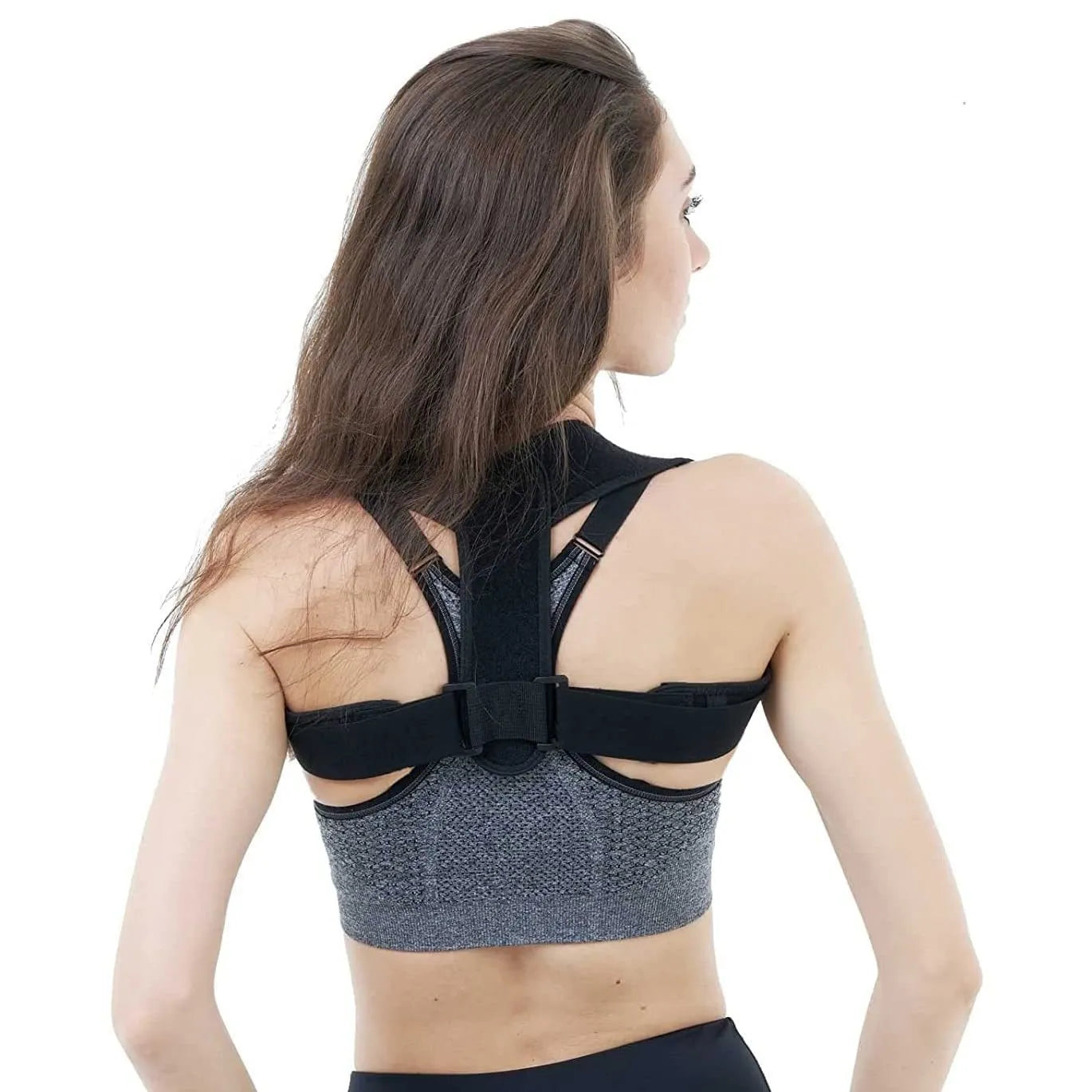 Black adjustable posture correction strap with elastic construction for back support