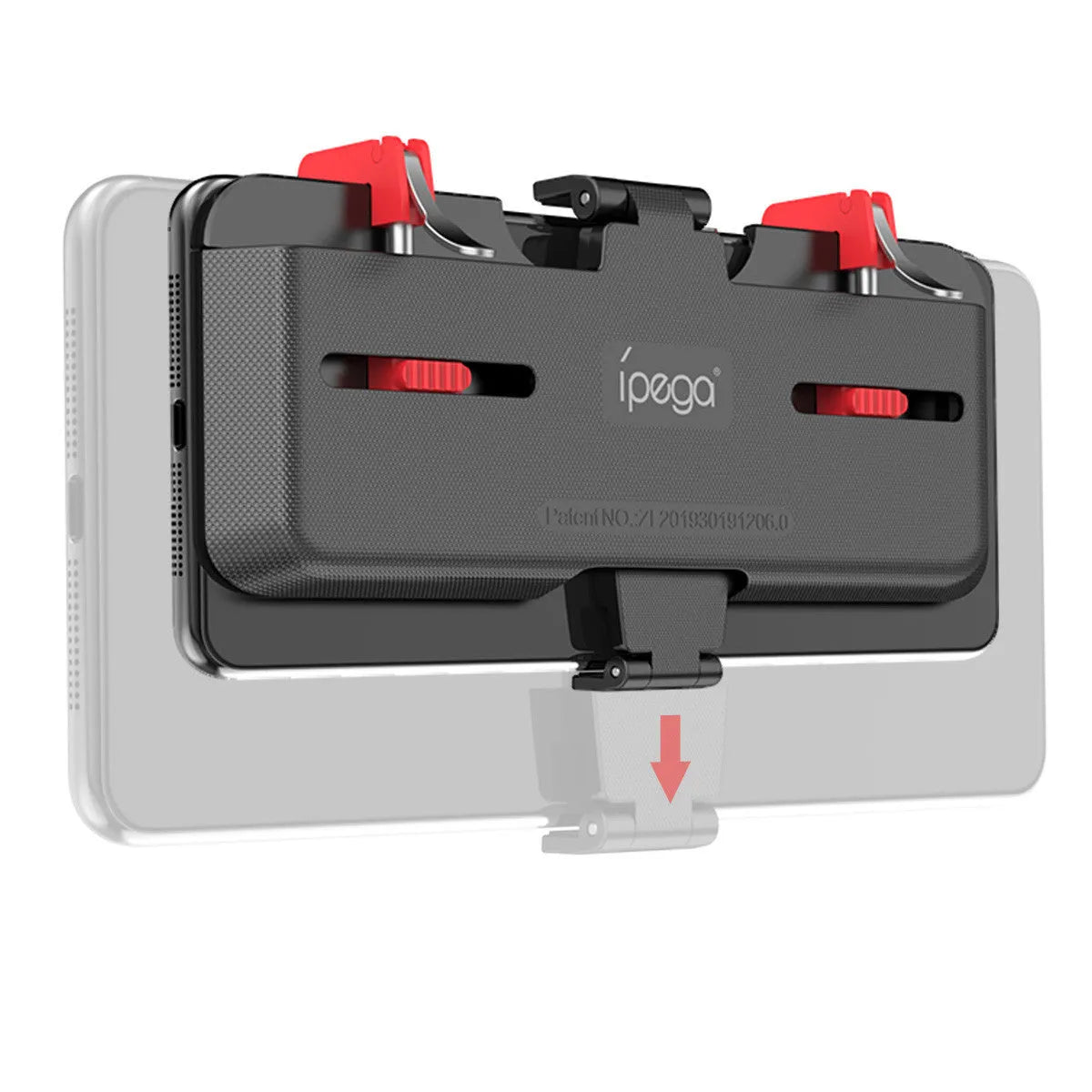 Black mobile phone gaming trigger handle with adjustable metal trigger and telescopic phone clip extended