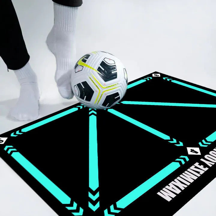 Black rectangular 60x90cm football training mat with a non-slip rubber base.
