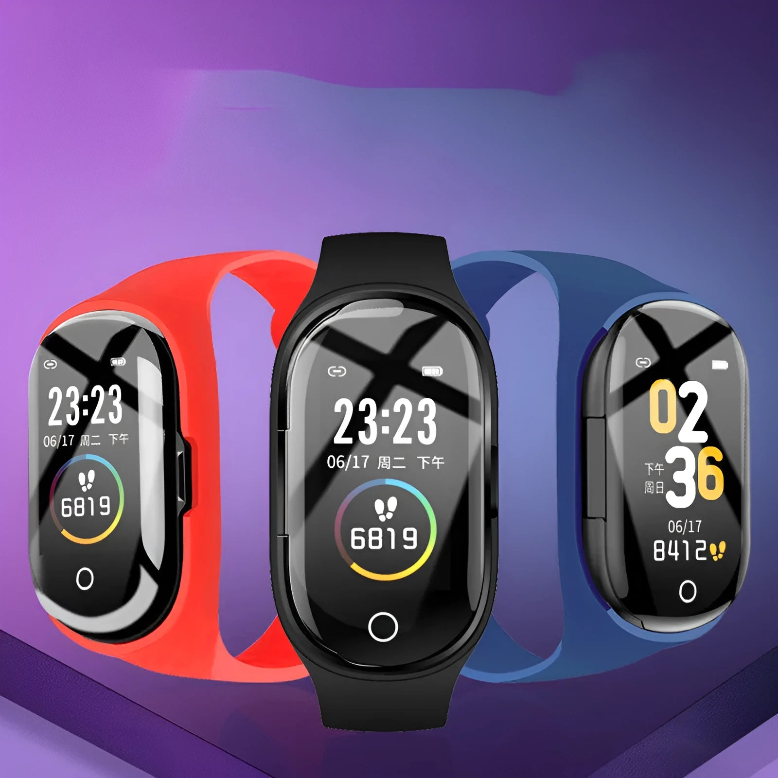 Smart bracelet with integrated earphones on silicone wristband showing 1-inch screen, in black colour