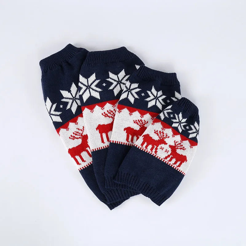 Navy blue knitted Christmas sweater for a dog, shown in a European American style.