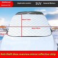 Large aluminium foil winter car cover for SUVs with reflective stripes and magnets.