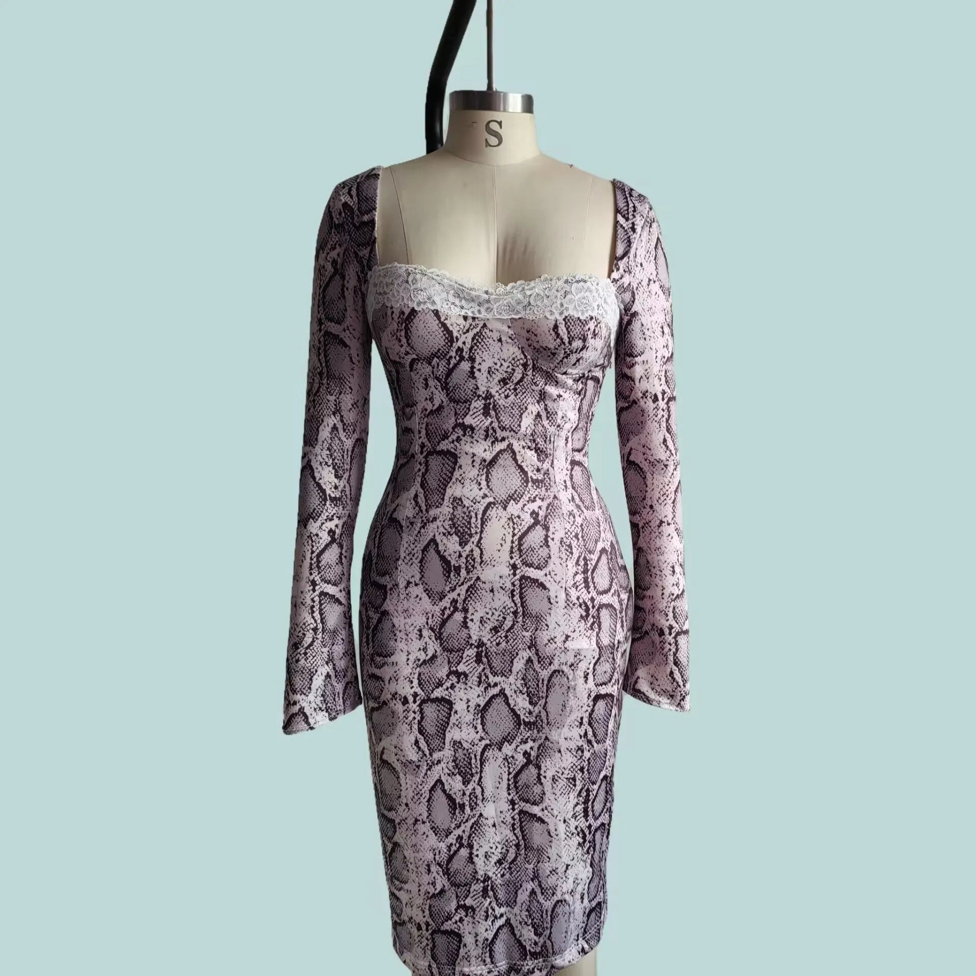 Grey women's slim fit lace dress with 3D digital print pattern and A-line skirt