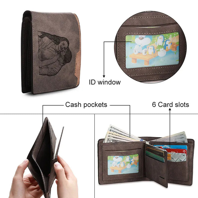 Coffee coloured engraved horizontal short wallet measuring 120x99mm with custom text or photo personalisation