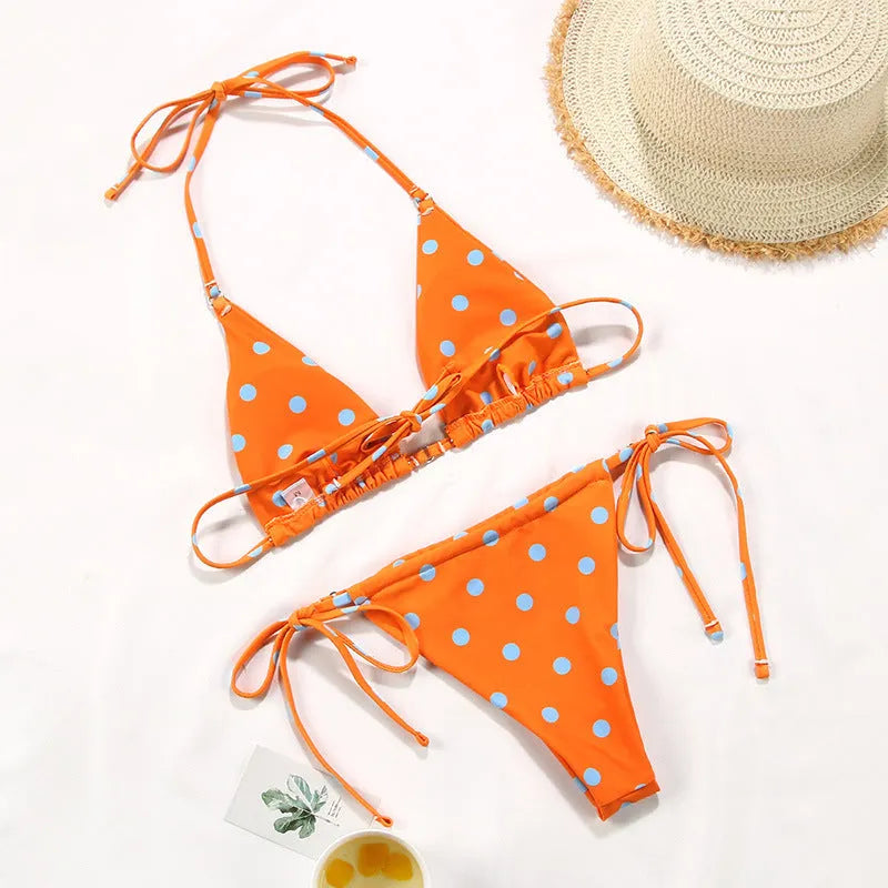 Women's polka dot print bikini swimsuit with split style design in multiple colour variations