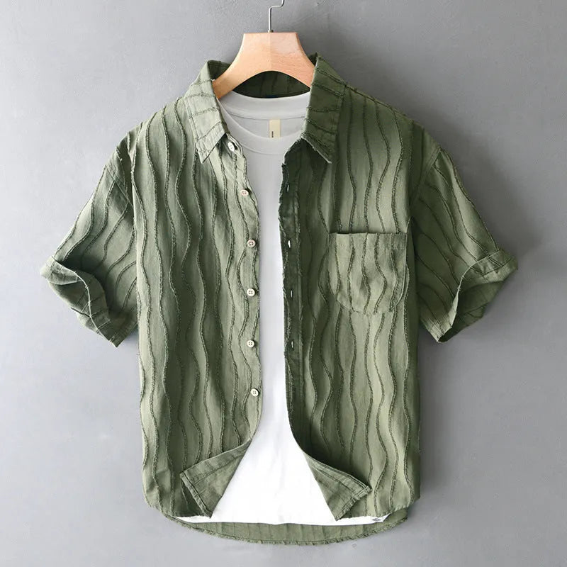 Men's pure cotton summer casual shirt in apricot colour with loose fit Japanese style design
