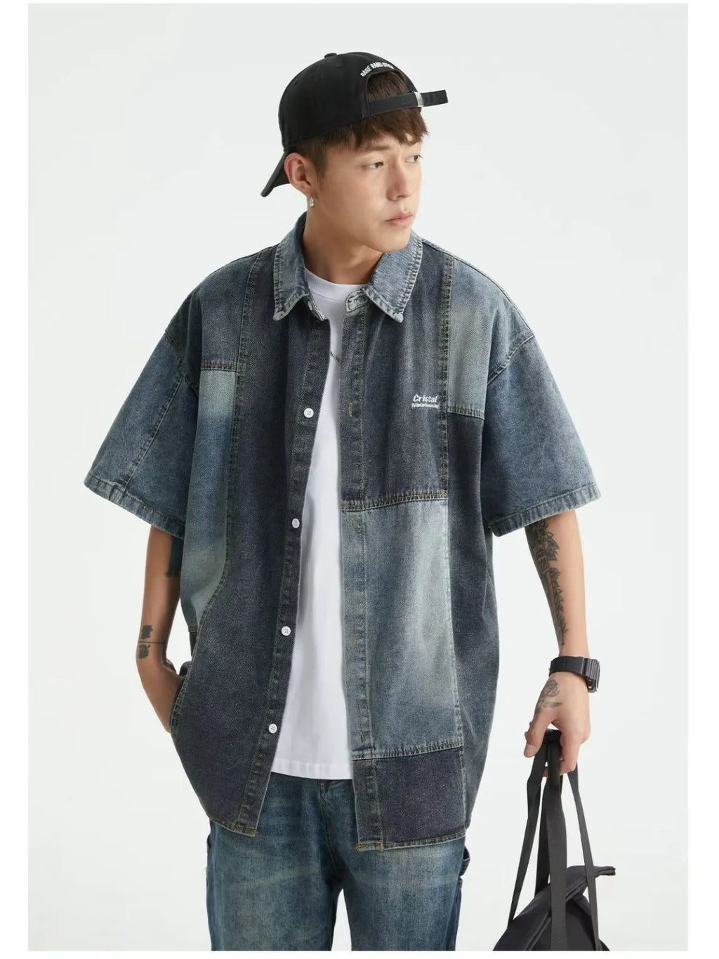 Blue men's denim shirt with Japanese retro washed stitching and cardigan-style design