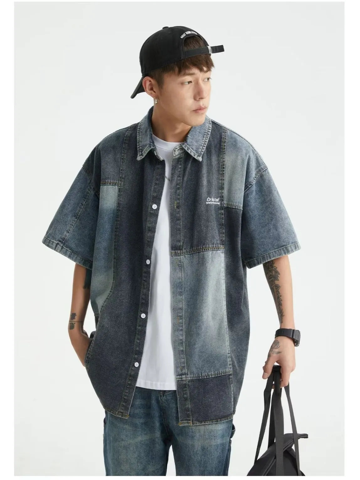 Blue men's denim shirt with Japanese retro washed stitching and cardigan-style design