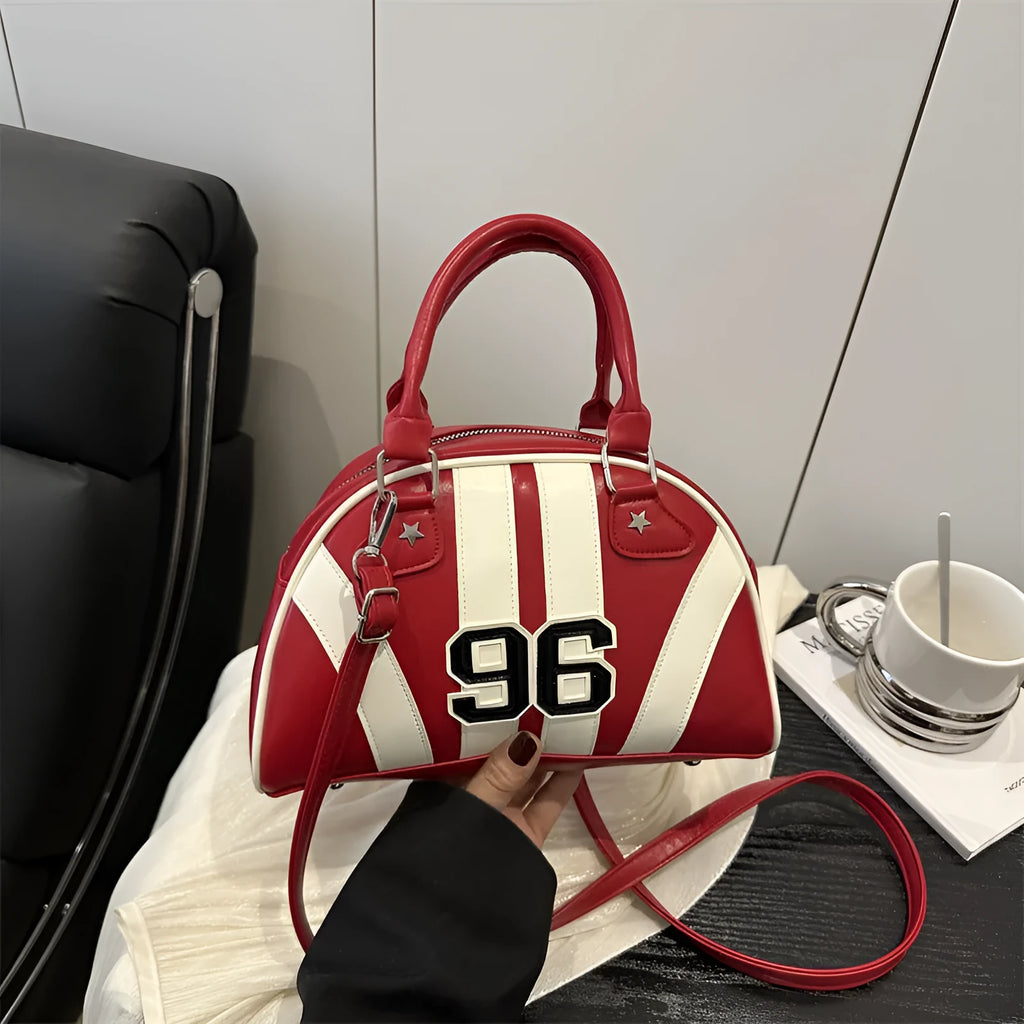 Colour blocking stripe contrast single shoulder bag in PU with stitching details, medium hardness dumpling shape