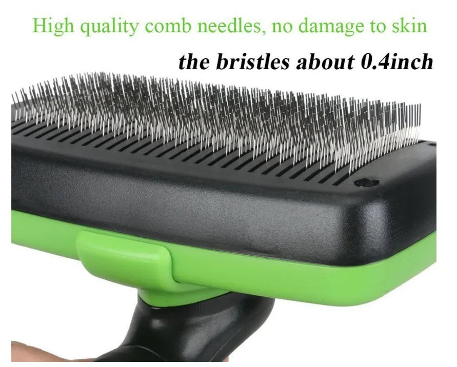 Pet self-cleaning slicker brush with stainless steel needles, green handle, on white background