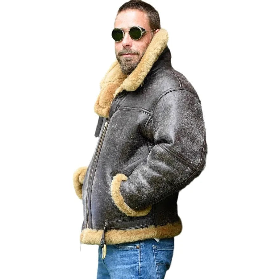 Men's brown Western antique style synthetic leather fur coat with side pockets and straight hem
