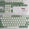 124 Key Matcha green and beige PBT keycap set for mechanical keyboards, showing multiple language layout options.