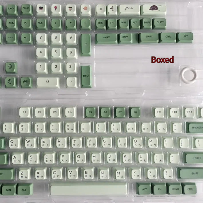 124 Key Matcha green and beige PBT keycap set for mechanical keyboards, showing multiple language layout options.