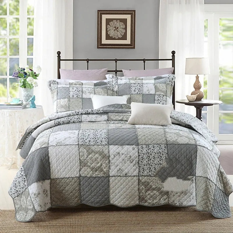 Pure cotton Korean style bedspread set with quilted texture on a bed, showing non-slip cover and matching pillowcases.