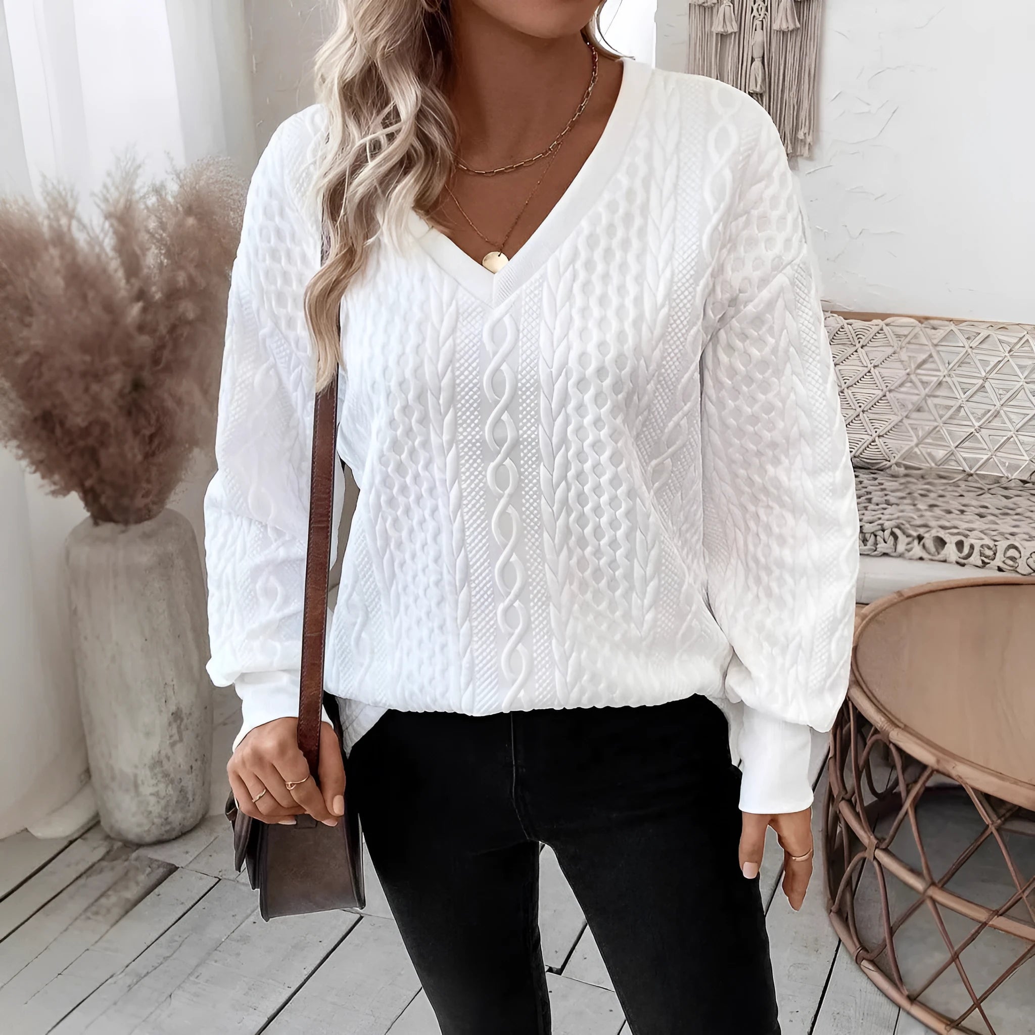 Milky white loose long sleeve t-shirt with 3D pattern, Japanese Korean casual style
