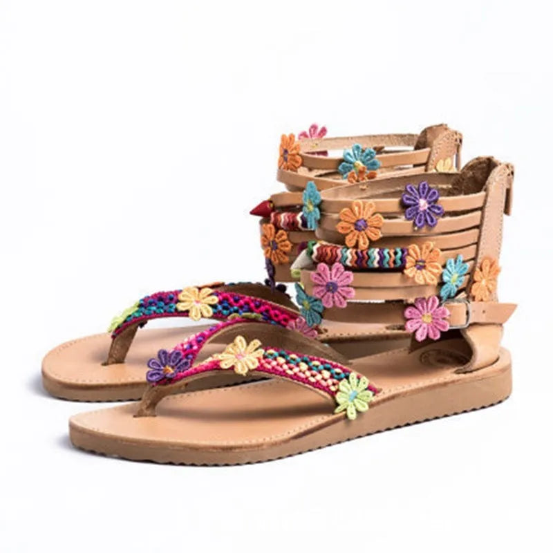 Ethnic-style women's sandals with beaded petal floral decoration on round toe artificial PU leather Roman shoes