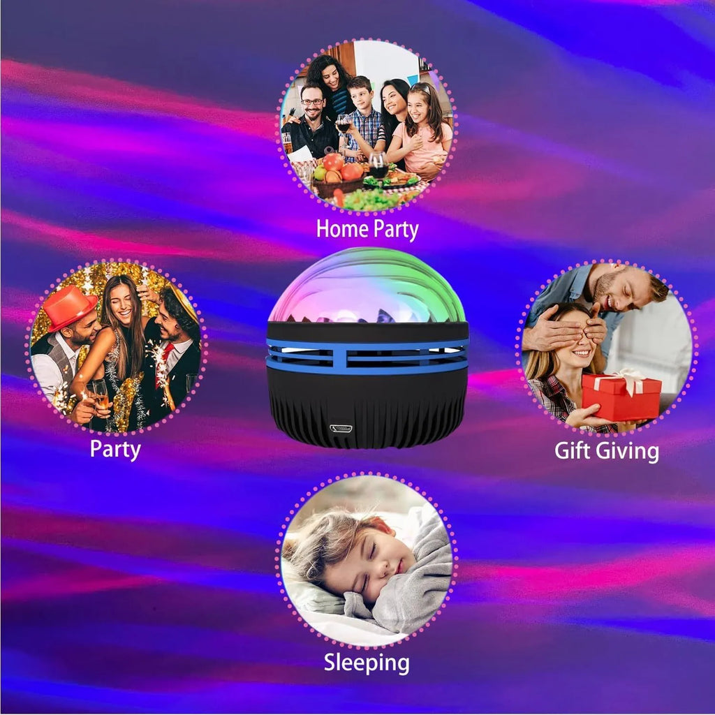 LED galaxy projector night light with rotating colourful stars, showing USB cable and removable acrylic shade.