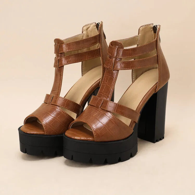 Women's black platform high heel sandals with ankle strap and back zipper on a round toe.