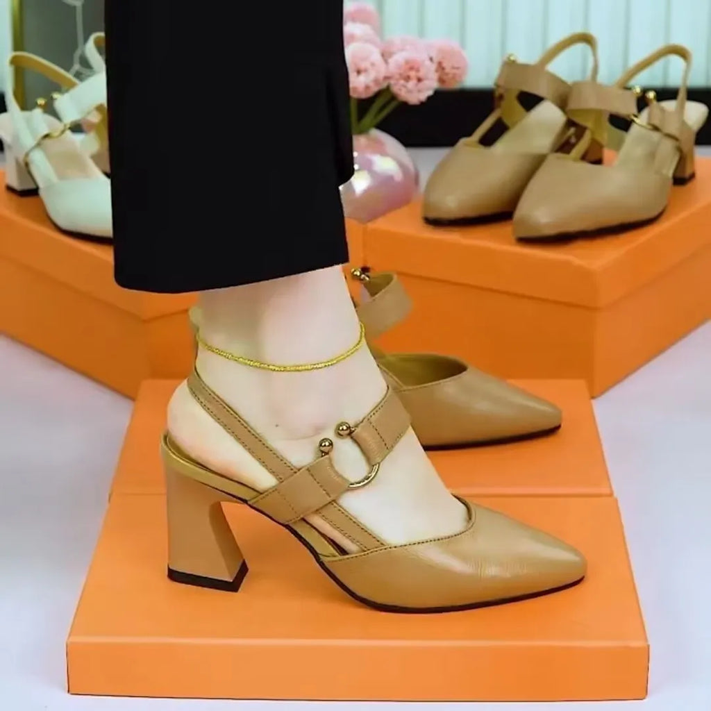 Women's closed toe leather sandals with a chunky high heel in apricot colour