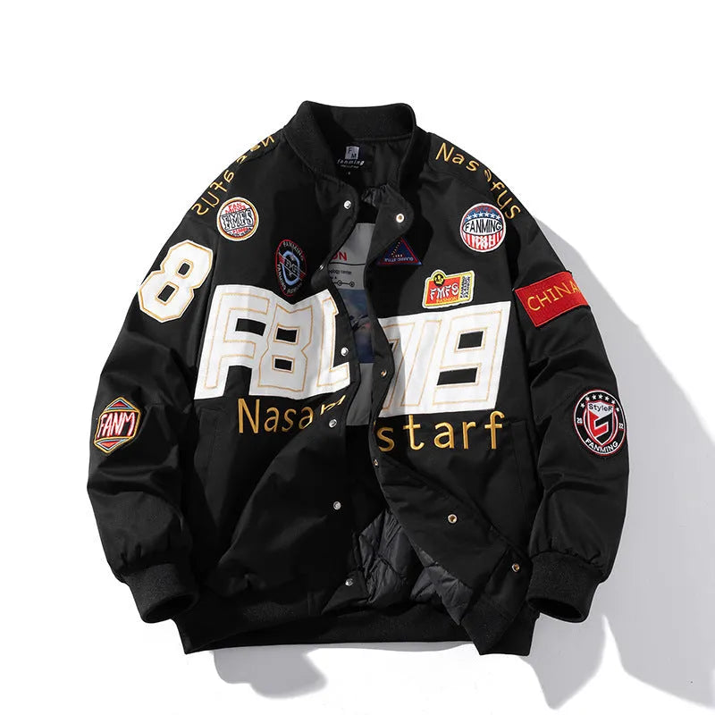 Black blue red American motorcycle baseball uniform with hooded detachable cotton padded options