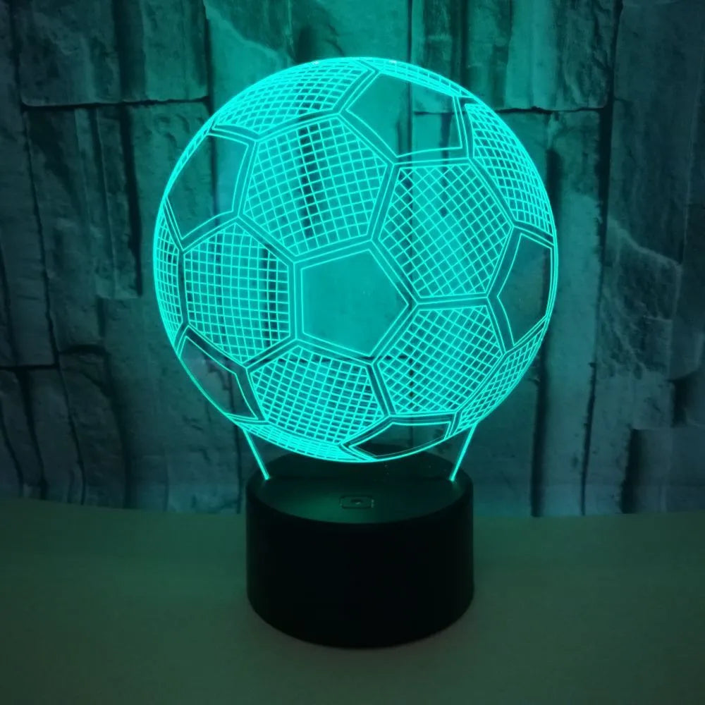 Football 3D night light showing colourful projection with touch controls and USB cable