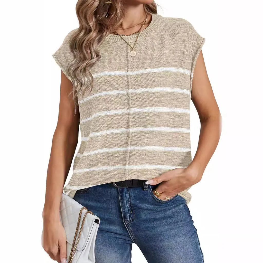 Women's striped sleeveless vest pullover top with bone stitch detail in apricot colour.