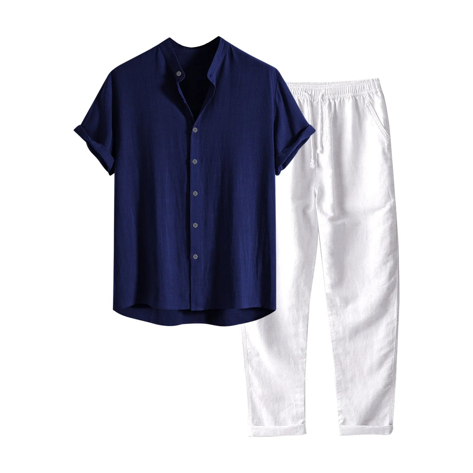 Men's light coloured linen-look casual short sleeve shirt and trouser two-piece suit set on a hanger.