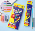 Set of wooden double-headed colour pencils showing both pencil tip and brush tip, arranged in a case.
