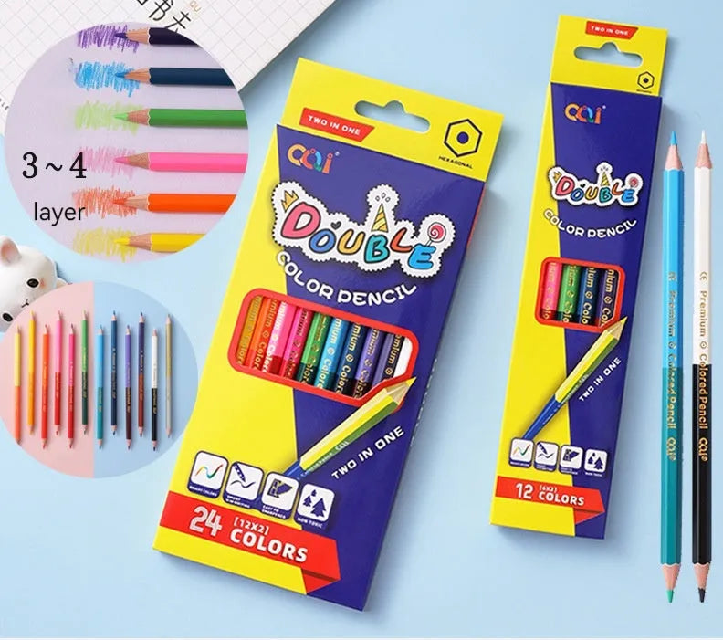 Set of wooden double-headed colour pencils showing both pencil tip and brush tip, arranged in a case.