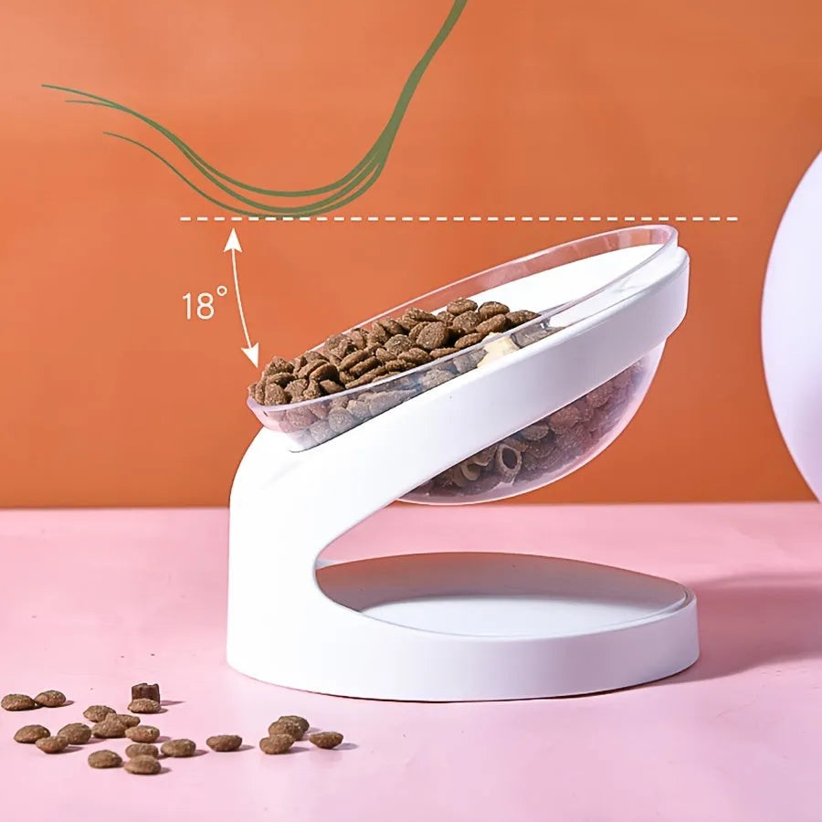 White elevated cat food bowl showing 5cm height and tilted angle design