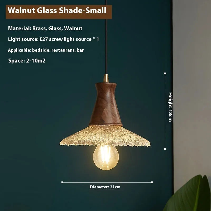 Retro wood and glass ceiling chandelier with brass finish for restaurant lighting