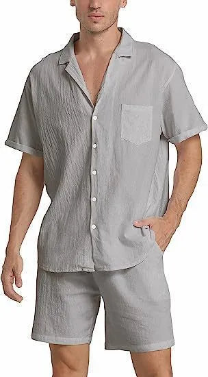 Men's flax short-sleeved top and shorts set for summer sports in army green.