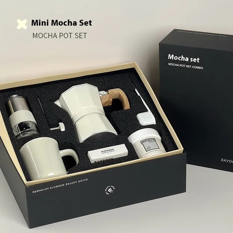 Manual grinding machine set six-piece moka pot kit in beige with grinder, cup, jar, brush, spoon and filter paper
