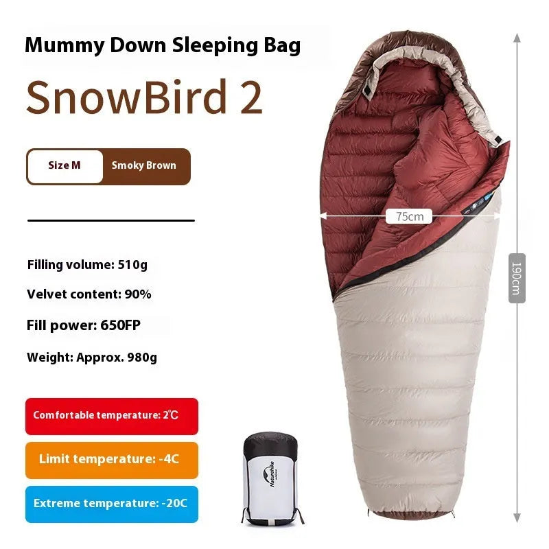 Goose down mummy sleeping bag with storage bag, shown in a neutral colour for adult outdoor use