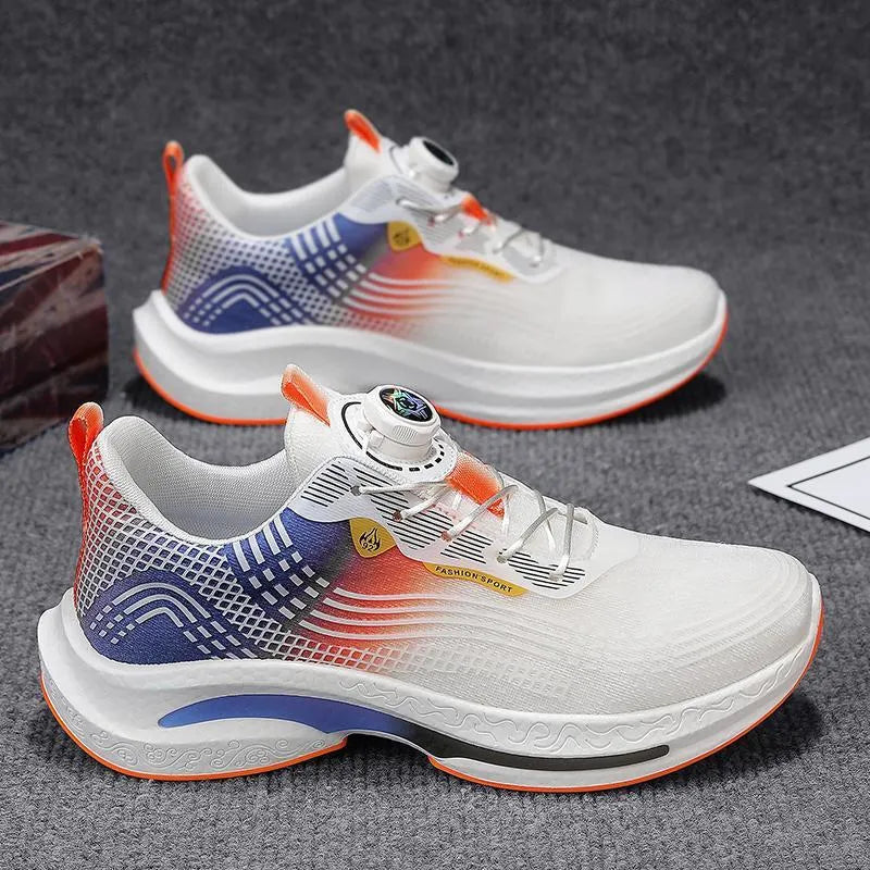 Men's white and blue low-top mesh sneakers with a rotating buckle closure and rubber sole.