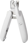 White pet nail clippers with LED light, transparent splash guard, and anti-slip handle.