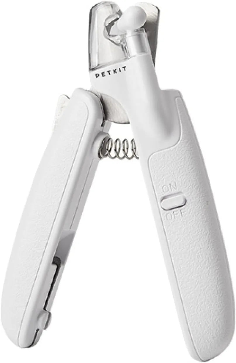White pet nail clippers with LED light, transparent splash guard, and anti-slip handle.