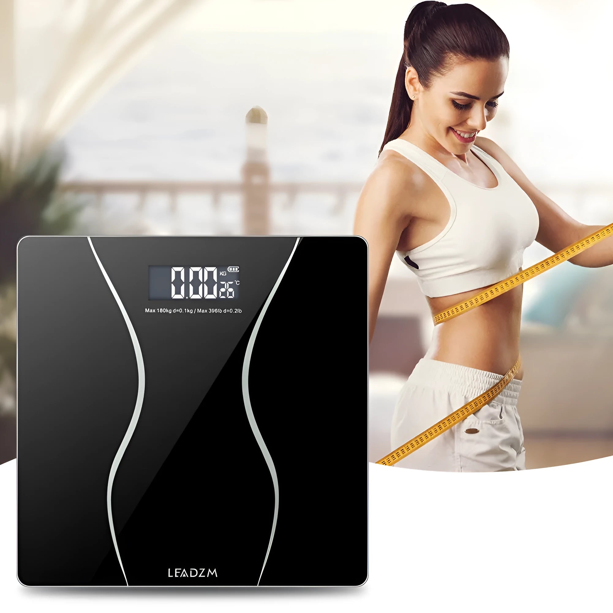 Black electronic bathroom scale with digital display and 180kg capacity