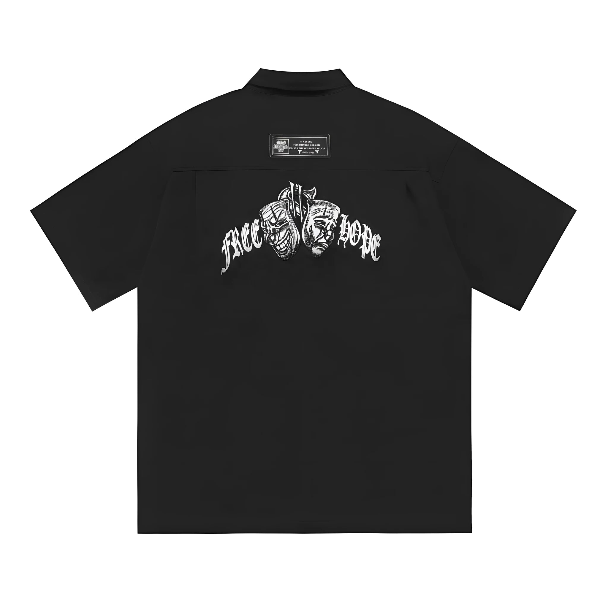 Men's black loose fit cotton blend pocket shirt with half sleeves and embroidered detail on a hanger.