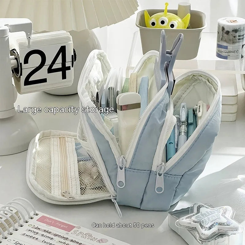 Double layer pencil case in solid colour with gift handle for high-capacity stationery storage