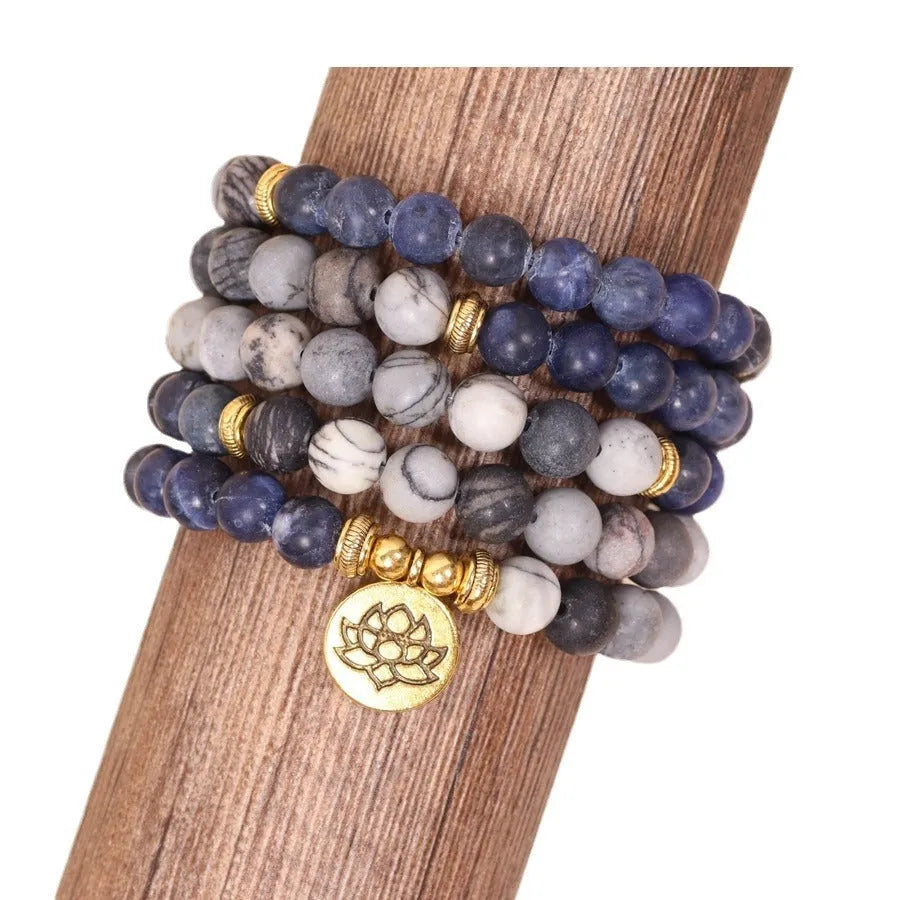Blue patterned network stone bead multi layer bracelet with alloy charms and adjustable clasp