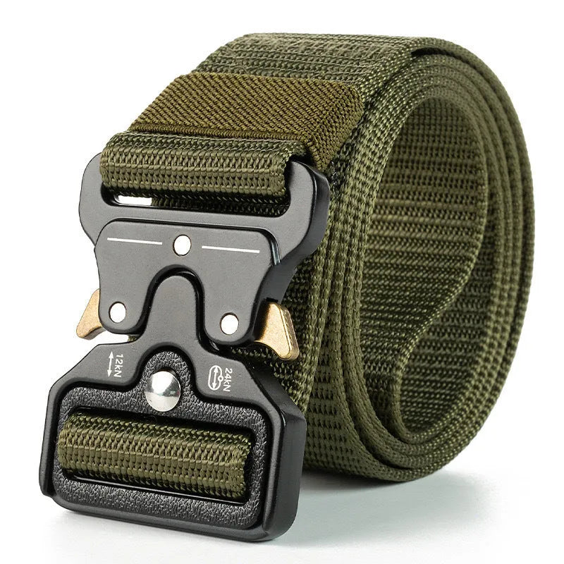 Men's thick canvas tactical belt with an alloy release buckle shown in Army Green colour.