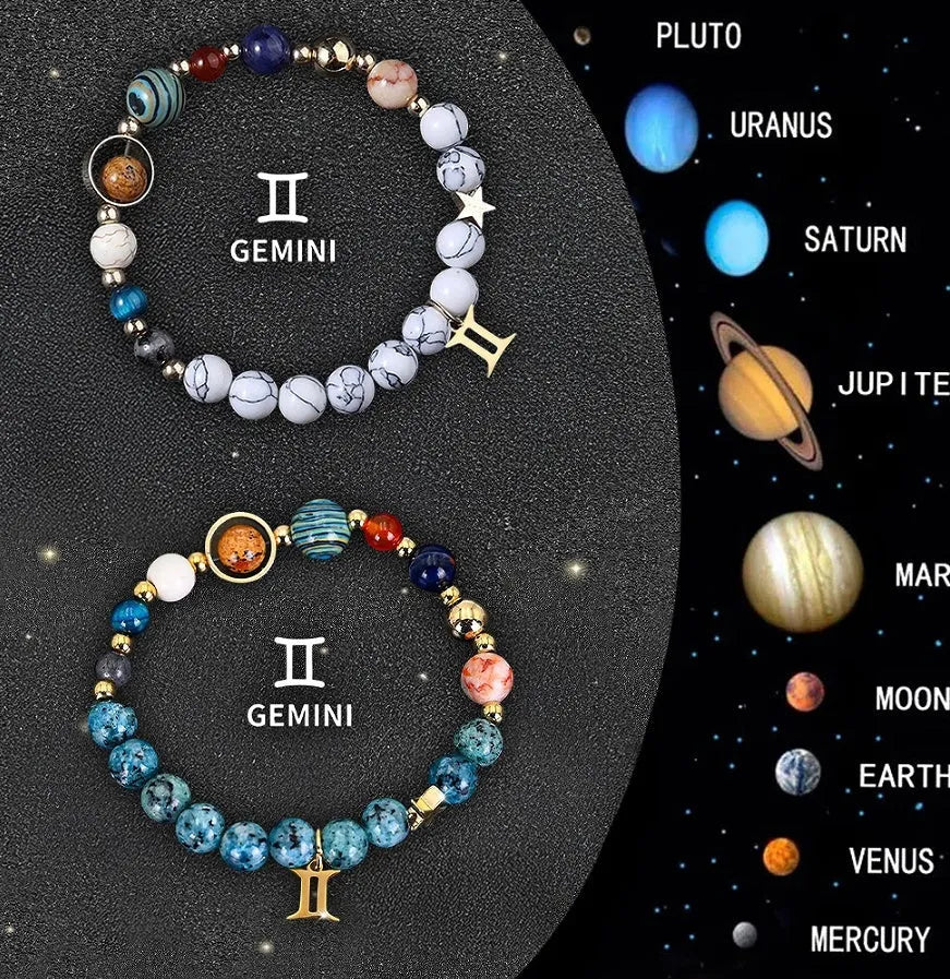 Twelve zodiac sign bracelets with natural stone beads on elastic cords showing all astrology symbols