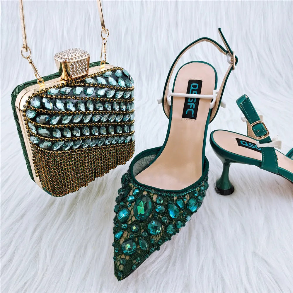 Ladies' party sandals high heels thin heel 6-8cm with matching diamond bag, rubber sole, PU inner, sizes 38-43