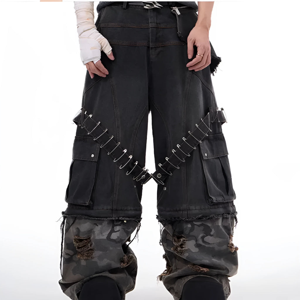 Men's grey and camouflage cotton jeans with splicing panel design and pin ribbon details.