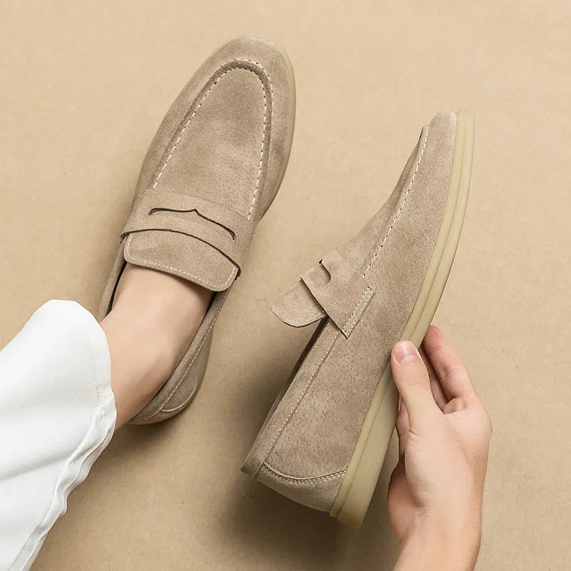 Men's beige leather slip-on casual shoes with round toe and rubber sole